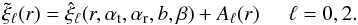 Mathematical equation: \begin{equation} \tilde{\xi}_\ell (r)= \hat{\xi}_\ell(r,\alpha_{\rm t},\alpha_{\rm r},b,\beta) + A_\ell(r) \hspace*{5mm}\ell=0,2 . \label{fitfunction} \end{equation}
