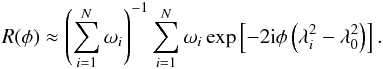 Mathematical equation: \begin{eqnarray} \label{eq:R} R(\phi) \approx \left( \sum^{N}_{i=1} \omega_{i}\right)^{\mathrm{-1}} \sum^{N}_{i=1} \omega_{i} \exp\left[-2{\rm i}\phi \left(\lambda_i^{\mathrm{2}}-\lambda_{\mathrm{0}}^{\mathrm{2}}\right) \right]. \end{eqnarray}