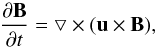 Mathematical equation: \begin{equation} \frac{\partial \vec{B}}{\partial t} = \bigtriangledown \times (\vec{u} \times \vec{B}), \label{vecprod} \end{equation}
