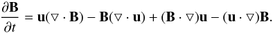 Mathematical equation: \begin{equation} \frac{\partial \vec{B}}{\partial t} = \vec{u} (\bigtriangledown \cdot \vec{B})- \vec{B}(\bigtriangledown \cdot \vec{u}) + (\vec{B} \cdot \bigtriangledown) \vec{u}- (\vec{u} \cdot \bigtriangledown) \vec{B}. \label{dotprod} \end{equation}