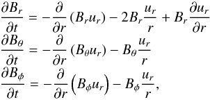 Mathematical equation: \begin{equation} \begin{array}{ll} \displaystyle \frac{\partial B_r}{\partial t} = - \frac{\partial}{\partial r} \left(B_r u_r\right) - 2 B_r \frac{u_r}{r} + B_r \frac{\partial u_r}{\partial r} \\[2mm] \displaystyle \frac{\partial B_{\theta}}{\partial t} = - \frac{\partial}{\partial r} \left(B_{\theta} u_r\right) - B_{\theta} \frac{u_r}{r}\\[2mm] \displaystyle \frac{\partial B_{\phi}}{\partial t} = - \frac{\partial}{\partial r} \left(B_{\phi} u_r\right) - B_{\phi} \frac{u_r}{r},\\ \end{array} \label{BrBt} \end{equation}