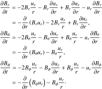 Mathematical equation: \begin{eqnarray} && \frac{\partial B_r}{\partial t} = -2 B_r \frac{u_r}{r} - B_r \frac{\partial u_r}{\partial r} + B_r \frac{\partial u_r}{\partial r} - u_r \frac{\partial B_r}{\partial r} \nonumber \\ &&\hspace*{7.2mm} = - \frac{\partial}{\partial r} \left(B_r u_r\right) - 2 B_r \frac{u_r}{r} + B_r \frac{\partial u_r}{\partial r} , \nonumber \\ &&\frac{\partial B_{\theta}}{\partial t} = -2 B_{\theta} \frac{u_r}{r} - B_{\theta} \frac{\partial u_r}{\partial r} + B_{\theta} \frac{u_r}{r} - u_r \frac{\partial B_{\theta}}{\partial r} \nonumber \\ &&\hspace*{7.2mm} = - \frac{\partial}{\partial r} \left(B_{\theta} u_r\right) - B_{\theta} \frac{u_r}{r} , \nonumber \\ &&\frac{\partial B_{\phi}}{\partial t} = -2 B_{\phi} \frac{u_r}{r} - B_{\phi} \frac{\partial u_r}{\partial r} + B_{\phi} \frac{u_r}{r} - u_r \frac{\partial B_{\phi}}{\partial r} \nonumber \\ &&\hspace*{7.2mm} = - \frac{\partial}{\partial r} \left(B_{\phi} u_r\right) - B_{\phi} \frac{u_r}{r}\cdot \end{eqnarray}