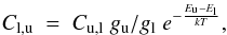 Mathematical equation: \begin{eqnarray} C_{\rm l,u} ~=~ C_{\rm u,l} ~g_{\rm u}/g_{\rm l}~ e^{-\frac{E_{\rm u}-E_{\rm l}}{kT}}, \end{eqnarray}