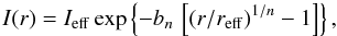 Mathematical equation: \begin{equation} I(r)=I_{\mathrm{eff}} \exp\left\{- b_{n}\, \left[ (r/r_{\rm eff}) ^{1/n}-1 \right] \right\} , \label{Eq:Sersic} \end{equation}