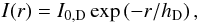 Mathematical equation: \begin{equation} I(r)=I_{\mathrm{0,D}} \exp\left( -r/h_{\mathrm{D}}\right) , \label{Eq:disc} \end{equation}