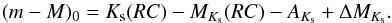 Mathematical equation: \begin{equation} (m-M)_0 =K_{\rm s}(RC) - M_{K_{\rm s}}(RC) - A_{K_{\rm s}} + \Delta M_{K_{\rm s}}. \end{equation}