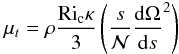 Mathematical equation: \begin{eqnarray*} \mu_t = \rho\frac{\RI_{\rm c} \kappa}{3}\left( \frac{s}{\calN} \frac{{\rm d}\Omega}{{\rm d}s}^2\right) \end{eqnarray*}