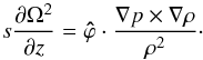 Mathematical equation: \begin{equation} \label{eq:vort_inv} s\frac{\partial\Omega^2}{\partial z}=\vec{\hat\varphi}\cdot\frac{\na p\times\na\rho}{\rho^2}\cdot \end{equation}