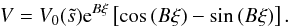 Mathematical equation: \begin{equation} \label{eq:bl_V} V=V_0(\ts)\mathrm{e}^{B\xi}\left[\cos\, (B\xi)-\sin\, (B\xi)\right]. \end{equation}