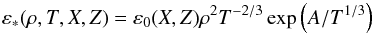 Mathematical equation: \begin{equation} \eps_*(\rho,T,X,Z) = \eps_0(X,Z)\rho^2T^{-2/3}\exp\lp A/T^{1/3}\rp \label{enuc} \end{equation}