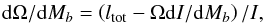 Mathematical equation: \begin{eqnarray} {{\rm d}\Omega}/{{\rm d}M_b} = \left(l_{\rm tot} - \Omega{{\rm d}I}/{{\rm d}M_b}\right)/I, \label{eq:dodmb} \end{eqnarray}