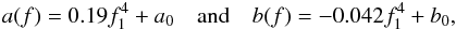 Mathematical equation: \begin{eqnarray} a(f) = 0.19 f_1^{4} + a_0~~~~{\rm and}~~~~b(f) = -0.042 f_1^{4} + b_0, \end{eqnarray}