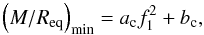 Mathematical equation: \begin{equation} \left({M}/{R_{\rm eq}}\right)_{\rm min} = a_{\rm c}f_1^2 + b_{\rm c}, \end{equation}
