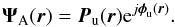 Mathematical equation: \begin{equation} \boldsymbol{\Psi}_{\rm A}(\boldsymbol{r})=\boldsymbol{P}_{\rm u}(\boldsymbol{r}){\rm e}^{j\boldsymbol{\phi}_{\rm u}(\boldsymbol{r})}. \end{equation}