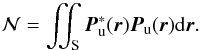Mathematical equation: \begin{equation} \mathcal{N}=\iint_{\rm S}\boldsymbol{P}_{\rm u}^*(\boldsymbol{r})\boldsymbol{P}_{\rm u}(\boldsymbol{r}){\rm d}\boldsymbol{r}. \end{equation}