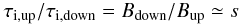Mathematical equation: \begin{eqnarray} \tau _{\rm i,up}/\tau _{\rm i,down}=B_{\rm down}/B_{\rm up}\simeq s \end{eqnarray}