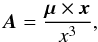 Mathematical equation: \begin{eqnarray} \vec{A} = \frac{ \vec{\mu} \times \vec{x} }{x^3}, \end{eqnarray}