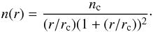 Mathematical equation: \begin{equation} \label{nfw_eq} n(r) = \frac{n_{\rm c}}{(r/r_{\rm c})(1+(r/r_{\rm c}))^2}\cdot \end{equation}