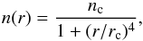 Mathematical equation: \begin{equation} \label{nrb0} n(r) = \frac{n_{\rm c}}{1+(r/r_{\rm c})^4} , \end{equation}
