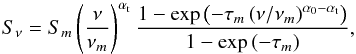 Mathematical equation: \begin{equation} S_\nu=S_m\left(\frac{\nu}{\nu_m}\right)^{\alpha_{\rm t}}\frac{1-\exp{\left(-\tau_m\left(\nu/\nu_m\right)^{\alpha_0-\alpha_{\rm t}}\right)}}{1-\exp{(-\tau_m)}}, \label{snu} \end{equation}