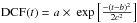 Mathematical equation: \hbox{${\rm DCF}(t) = a \times ~\exp\left [\frac{-(t-b)^{2}}{2c^{2}}\right]$}
