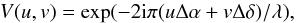 Mathematical equation: \begin{eqnarray*} V(u,v) = \exp(-2{\rm i}\pi (u\Delta \alpha + v\Delta \delta)/\lambda), \end{eqnarray*}