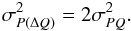 Mathematical equation: \begin{equation} \sigma_{P(\Delta Q)}^2 = 2\sigma_{PQ}^2. \label{eq36} \end{equation}