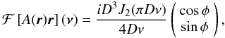 Mathematical equation: \begin{equation} {\cal F}\left[A(\vec{r})\vec{r}\right]({\bm\nu})=\frac{iD^3J_2(\pi D\nu)}{4D\nu} \left(\begin{array}{c}\cos\phi \\ \sin\phi\end{array}\right), \label{eq27} \end{equation}