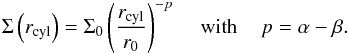 Mathematical equation: \begin{equation} \Sigma\left(r_{\rm cyl}\right) = \Sigma_0\left(\frac{r_{\rm cyl}}{r_0}\right)^{-p} {\hspace{0.4cm}\rm with \hspace{0.4cm}} p = \alpha - \beta. \label{Eq:surf_den} \end{equation}