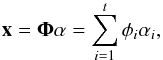 Mathematical equation: \begin{equation} {\vec x} =\boldsymbol{\Phi}{\vec \alpha}=\sum_{i=1}^{t}\phi_{i}\alpha_i , \end{equation}
