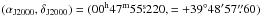 Mathematical equation: \hbox{$(\alpha_{\rm J2000}, \delta_{\rm J2000} ) = (00^{\rm h}47^{\rm m}55\fs220, = +39^{\circ}48'57\farcs60)$}