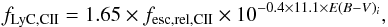 Mathematical equation: \begin{eqnarray} f_{\rm LyC,CII} = 1.65 \times f_{\rm esc,rel,CII} \times 10^{-0.4 \times 11.1 \times E(B-V)_i}, \label{eq:cii} \end{eqnarray}