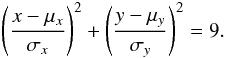 Mathematical equation: \begin{eqnarray} \left(\frac{x-\mu_{x}}{\sigma_{x}}\right)^{2}+\left(\frac{y-\mu_{y}}{\sigma_{y}}\right)^{2} = 9. \end{eqnarray}