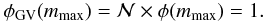Mathematical equation: \begin{equation} \phi_{\mathrm{GV}}(m_\mathrm{max}) = {\cal N} \times \phi(m_\mathrm{max}) = 1. \label{eq:NGV} \end{equation}
