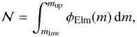 Mathematical equation: \begin{equation} {\cal N} = \int_{m_{\rm low}}^{m_{\rm up}} \phi_{\mathrm{Elm}}(m) \, \mathrm{d}m, \label{eq:NtotElm} \end{equation}