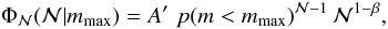 Mathematical equation: \begin{equation} \Phi_{\cal N}({\cal N} | m_\mathrm{max}) = A'\, \, p(m < m_\mathrm{max})^{{\cal N} -1} \, {\cal N}^{1-\beta}, \label{eq:phiNmmax} \end{equation}