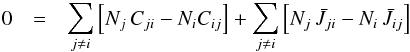 Mathematical equation: \begin{eqnarray} 0 & = & \sum_{j\ne i} \left[ N_j \, C_{ji} - N_i C_{ij} \right] + \sum_{j \ne i} \left[ N_j \, \bar{J}_{ji} - N_i \, \bar{J}_{ij} \right] \label{theory:SEE-int} \end{eqnarray}