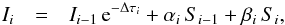 Mathematical equation: \begin{eqnarray} I_i & = & I_{i-1} \, \textrm{e}^{-\Delta \tau_i} + \alpha_i \, S_{i-1} + \beta_i \, S_i , \label{eq2} \end{eqnarray}