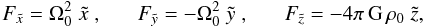Mathematical equation: \begin{equation} F_{\tilde x} = \Omega_0^2 \;\tilde x \;,\;\;\;\;\;\; F_{\tilde y} = -\Omega_0^2 \;\tilde y \;,\;\;\;\;\;\; F_{\tilde z} = -4 \pi \,{\rm G} \,\rho_0\; \tilde z , \end{equation}