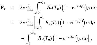 Mathematical equation: \appendix \setcounter{section}{3} \begin{eqnarray} \vec{F}_{\nu}&=& 2 \pi r_{\mathrm{min}}^2 \int_{0}^{R_{\mathrm{eff}}} B_{\nu}(T_{\mathrm{e}}) \left(1-\mathrm{e}^{-\tau_\nu(\rho)}\right) \rho \, \mathrm{d} \rho\\ &=& 2 \pi r_{\mathrm{min}}^2 \Bigg{[} \int_{0}^{1} B_{\nu}(T_{\mathrm{e}}) \left(1-\mathrm{e}^{-\tau_\nu(\rho)}\right) \rho \, \mathrm{d} \rho \nonumber \\ &&\ + \int_{1}^{R_{\mathrm{eff}}} B_{\nu}(T_{\mathrm{e}}) \left(1-\mathrm{e}^{-\tau_\nu(\rho)}\right) \rho \, \mathrm{d} \rho\Big{]}\ \mathrm{,} \nonumber \label{equation:intensidad} \end{eqnarray}