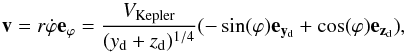 Mathematical equation: \appendix \setcounter{section}{4} \begin{equation} \vec{v}=r \dot{\varphi}\vec{e_{\varphi}}=\frac{V_\mathrm{Kepler}}{(y_{\mathrm{d}}+z_{\mathrm{d}})^{1/4}}(-\sin(\varphi)\vec{e_{y_\mathrm{d}}}+\cos(\varphi)\vec{e_{z_\mathrm{d}})} \mathrm{,} \label{v_disk_cartesian_coord} \end{equation}