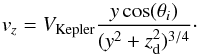 Mathematical equation: \appendix \setcounter{section}{4} \begin{equation} v_z=V_\mathrm{Kepler}\frac{y \cos(\theta_i)}{(y^2+z_{\mathrm{d}}^2)^{3/4}} \cdot \label{vz_sin_aproximacion} \end{equation}