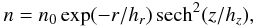 Mathematical equation: \begin{eqnarray} n = n_0 \exp(-r/h_r) \, \mbox{sech}^2(z/h_z), \end{eqnarray}