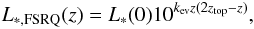 Mathematical equation: \begin{eqnarray} L_{\ast,{\rm FSRQ}}(z)=L_\ast(0) 10^{k_{\rm ev}z(2z_{\rm top}-z)} , \label{lum_funcBLL } \end{eqnarray}