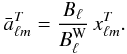 Mathematical equation: \begin{eqnarray} \bar a_{\ell m}^T = \frac{B_\ell}{B_\ell^{\rm W}} \, x_{\ell m}^T. \label{eq:cmb-pred} \end{eqnarray}
