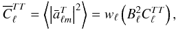 Mathematical equation: \begin{eqnarray} \overline C_\ell^{TT} = \left\langle \left | \bar a_{\ell m}^T \right | ^2 \right\rangle = w_\ell \left( B_\ell^2 C_\ell^{TT} \right), \end{eqnarray}