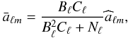 Mathematical equation: \begin{eqnarray} \bar a_{\ell m} = \frac{B_\ell C_\ell}{B_\ell^2C_\ell + N_\ell} \widehat a_{\ell m}, \end{eqnarray}