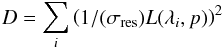 Mathematical equation: \begin{equation} D = \sum_i \left(1/(\sigma_{\text{res}}) L(\lambda_i,p)\right)^2 \end{equation}