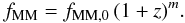 Mathematical equation: \begin{equation} f_{\rm MM} = f_{\rm MM, 0}\,(1+z)^{m}. \end{equation}