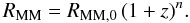 Mathematical equation: \begin{equation} R_{\rm MM} = R_{\rm MM, 0}\,(1+z)^{n}.\label{mrevoleq} \end{equation}